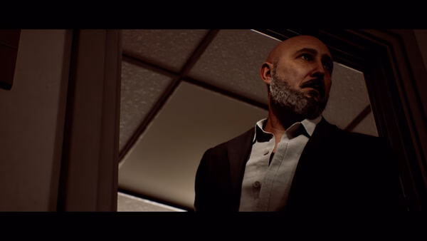A screenshot from SILENT HILL: Townfall showing a bearded man in a suit standing in a dimly lit doorway, looking to the side.