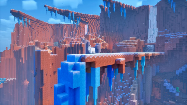 Screenshot from Minecraft Dungeons II showing a snowy, icy bridge in a red rocky canyon with icicles and a bright sky.