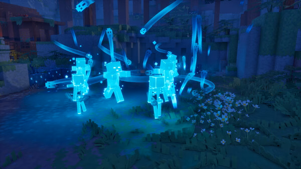 Screenshot from Minecraft Dungeons II showing glowing blue spectral figures in a grassy forest clearing at night.