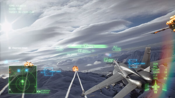 A screenshot from ACE COMBAT 8: WINGS OF THEVE shows a fighter jet in flight, engaging enemies over snowy mountains.