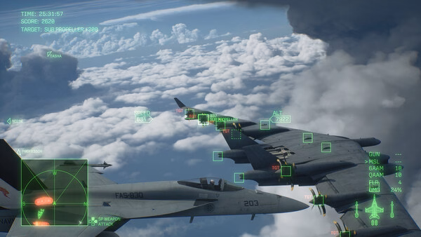 A screenshot from ACE COMBAT 8: WINGS OF THEVE showing fighter jets flying near a large aircraft amidst clouds and radar HUD.