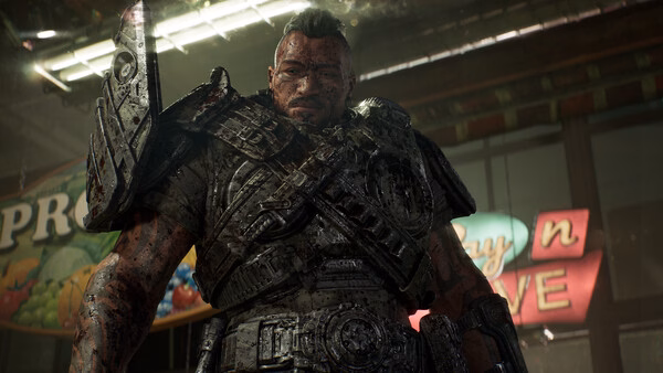 Screenshot from Gears of War: E-Day showing a battle-worn soldier in heavy armor standing in a dimly lit store.