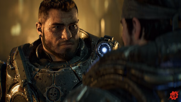 Screenshot from Gears of War: E-Day showing two armored characters in a tense conversation amidst a dimly lit background.