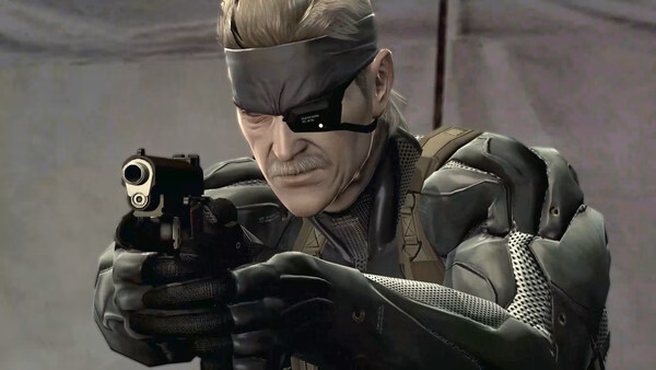 Screenshot from METAL GEAR SOLID: MASTER COLLECTION Vol.2 showing a character aiming a handgun, wearing a tactical suit and headgear.