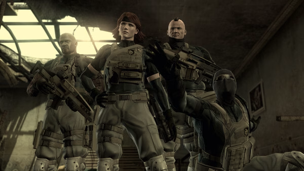 Screenshot from METAL GEAR SOLID: MASTER COLLECTION Vol.2 showing four armed soldiers in tactical gear inside a damaged building.