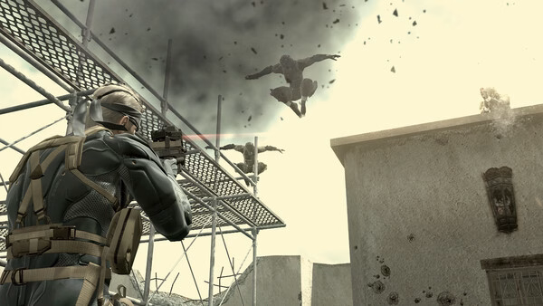 Screenshot from METAL GEAR SOLID: MASTER COLLECTION Vol.2 showing a soldier aiming at enemies leaping from a rooftop amid debris.