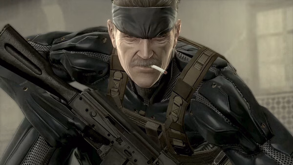 Screenshot from METAL GEAR SOLID: MASTER COLLECTION Vol.2 showing an armed character in tactical gear with a cigarette.