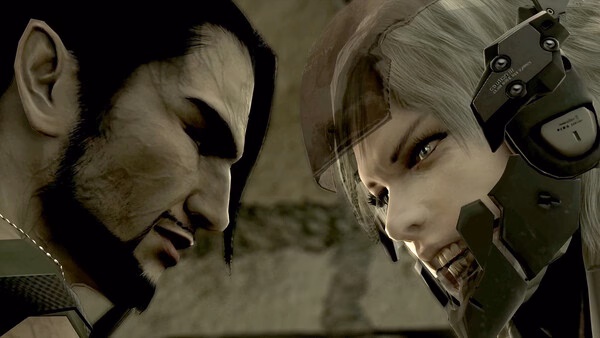 Screenshot from METAL GEAR SOLID: MASTER COLLECTION Vol.2 showing a close-up confrontation between two intense characters.