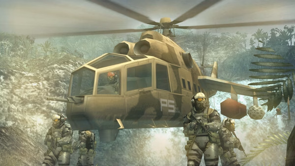A screenshot from METAL GEAR SOLID: MASTER COLLECTION Vol.2 showing a helicopter and armed soldiers in a jungle setting.