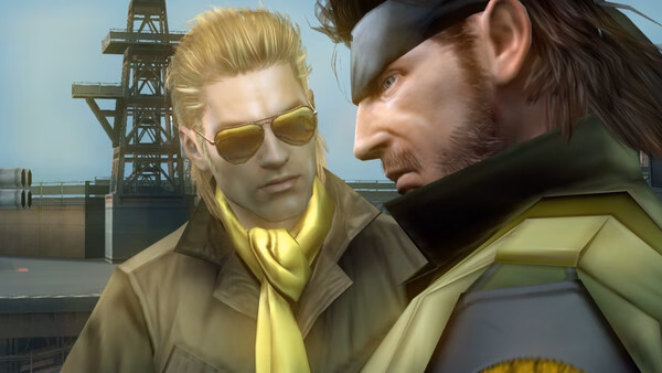Screenshot from METAL GEAR SOLID: MASTER COLLECTION Vol.2 showing two characters in a tense conversation on a platform.