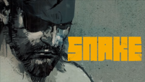 Screenshot from METAL GEAR SOLID: MASTER COLLECTION Vol.2 showing Snake's close-up portrait with bold yellow text "SNAKE".