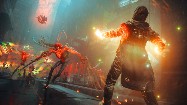 A screenshot from CONTROL Resonant showing a character with glowing hands facing off against twisted creatures in a rainy city.