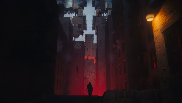 A CONTROL Resonant screenshot showing a lone figure in a dark alley with floating buildings and red glowing light.
