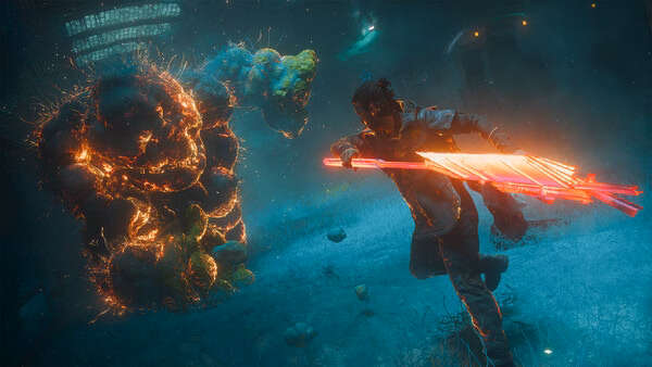 Screenshot from CONTROL Resonant showing a character wielding a glowing weapon, facing a fiery, monstrous entity in a dim environment.