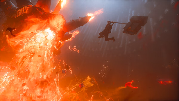 Screenshot from CONTROL Resonant showing a fiery explosion as a character leaps with a sledgehammer in a dramatic action scene.