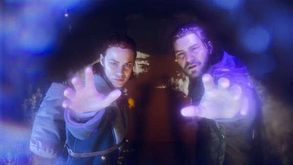 A screenshot from CONTROL Resonant showing two characters reaching out with glowing hands, surrounded by a blue aura.
