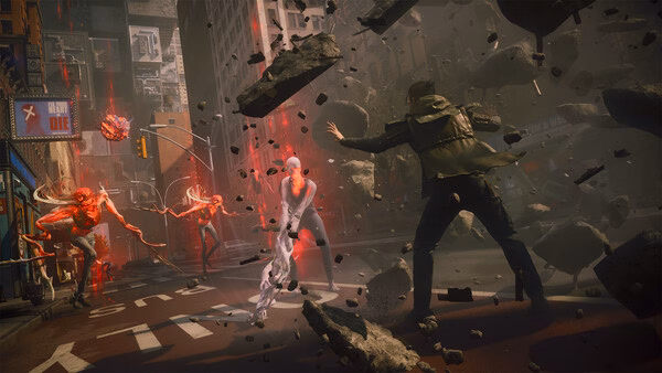 A CONTROL Resonant screenshot showing a character battling enemies amidst flying debris in a chaotic urban setting.