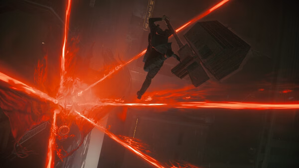 A CONTROL Resonant screenshot showing a character mid-air, battling a red energy entity with beams of light in a dark setting.