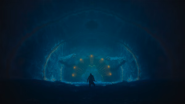 A screenshot from CONTROL Resonant shows a lone figure standing in a mysterious, glowing cavern with an otherworldly atmosphere.
