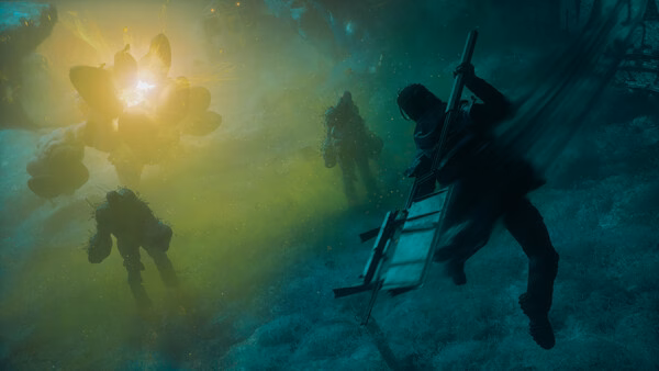 A CONTROL Resonant screenshot showing a character climbing a ladder as enemies approach in a glowing, foggy environment.