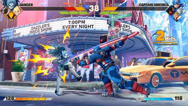 Screenshot of MARVEL Tōkon: Fighting Souls showing Captain America battling Danger outside Dazzler's Disco Show with a 2-hit combo.