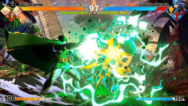 Screenshot of MARVEL Tōkon: Fighting Souls showing Doctor Doom and Captain America battling with vibrant energy blasts.