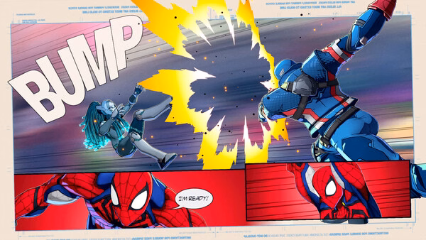 Screenshot from MARVEL Tōkon: Fighting Souls shows Captain America battling a foe as Spider-Man says, "I'm ready!" in comic-style visuals.