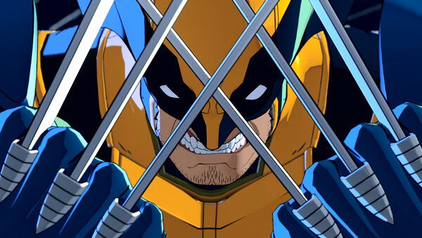 Screenshot from MARVEL Tōkon: Fighting Souls showing Wolverine fiercely crossing his claws in an action-packed scene.
