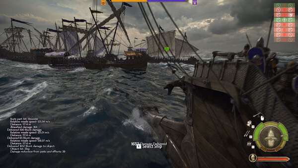 Screenshot from Mount & Blade II: Bannerlord Warband showing a naval battle scene with several ships on a stormy sea.