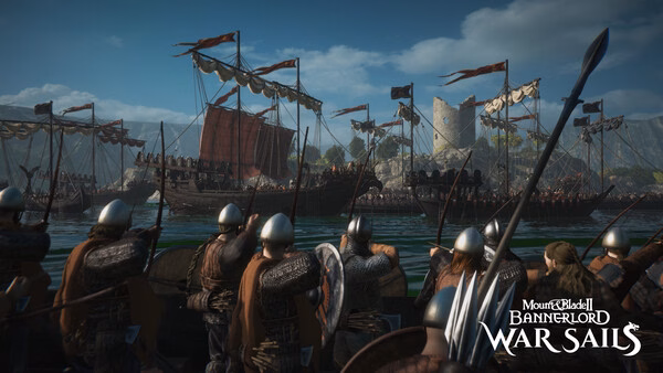 Mount & Blade II: Bannerlord Warband screenshot: Soldiers on boats approach a castle, preparing for battle under blue skies.