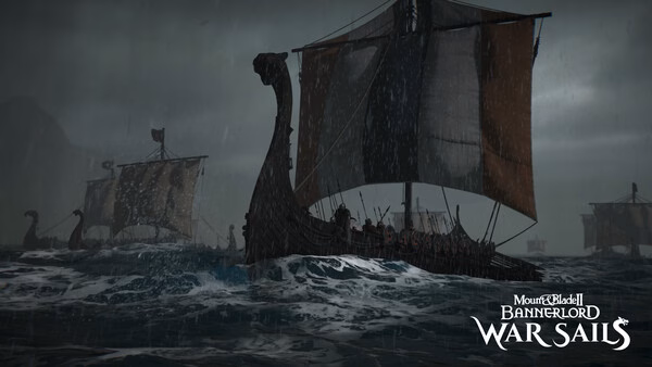 Screenshot from Mount & Blade II: Bannerlord Warband shows a Viking ship sailing through stormy seas under a dark, cloudy sky.