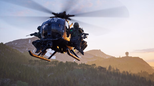 WARDOGS screenshot: A helicopter with armed soldiers flies over a mountainous landscape during sunset.