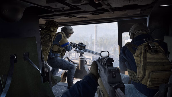 WARDOGS screenshot: Two armed soldiers inside a helicopter aiming weapons at a cityscape visible through the open door.