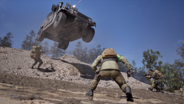 WARDOGS screenshot: Soldiers engage in combat on muddy terrain as a military vehicle leaps over them in intense action.