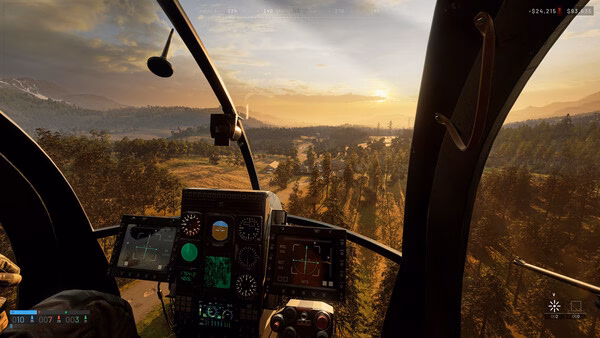A WARDOGS screenshot showing a helicopter cockpit view flying over a scenic landscape at sunset with detailed controls visible.