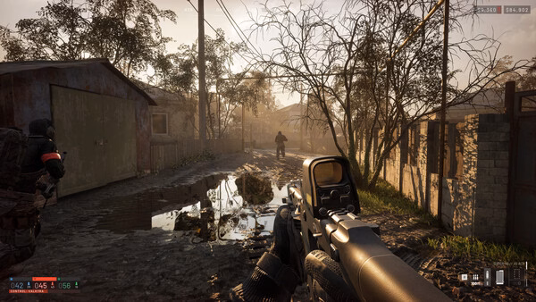 WARDOGS screenshot: A player-character aims down sights at an enemy in a muddy, abandoned neighborhood surrounded by trees.