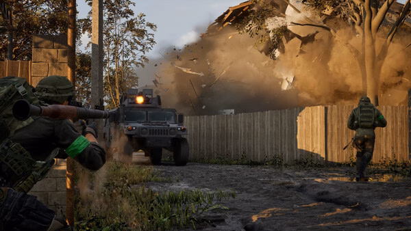 WARDOGS screenshot: Soldiers armed with rifles advance near a Humvee as a large explosion erupts in the background.