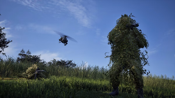 A WARDOGS screenshot showing a camouflaged soldier aiming a weapon, with a helicopter hovering in the blue sky above grassy terrain.