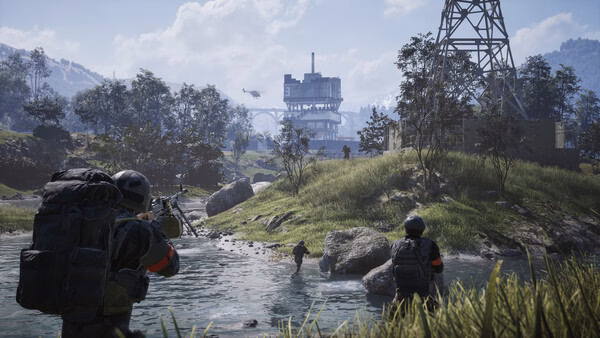 WARDOGS screenshot: Soldiers wade through a river toward a distant industrial structure, surrounded by lush greenery and rugged terrain.