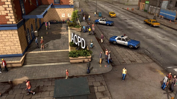 Screenshot from "The Precinct" showing the ACPD building, police cars, and pedestrians on a bustling urban street.
