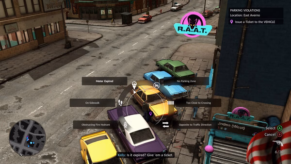 Screenshot from 'The Precinct' showing a street scene with parked cars and a player's on-screen parking violation options.