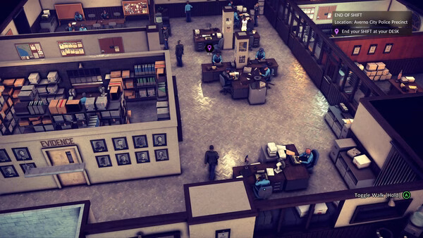 A screenshot from "The Precinct" shows a top-down view of a busy police station with officers working at desks and filing evidence.